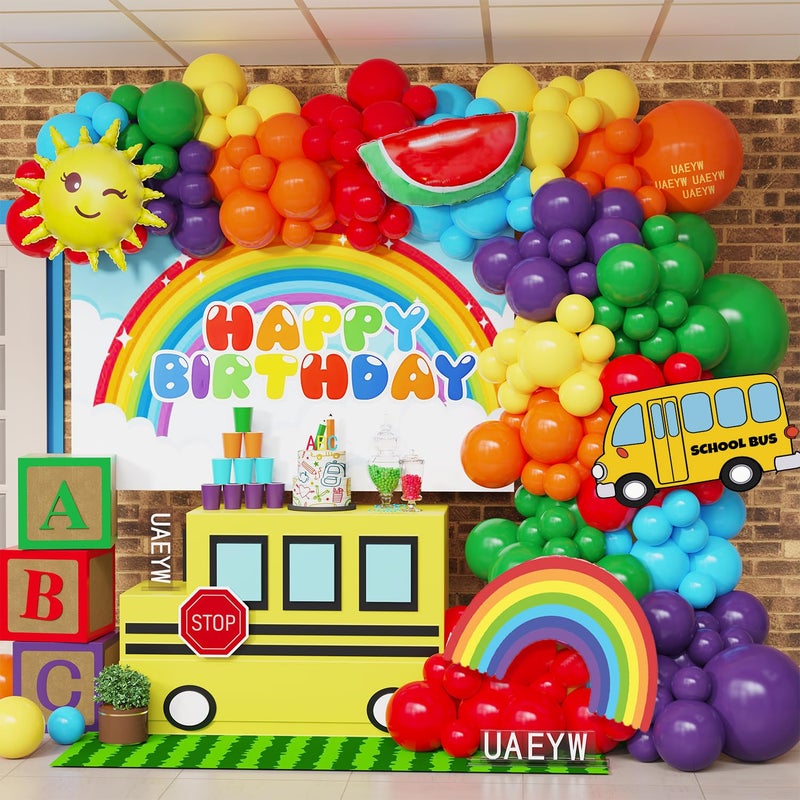 UAEYW Rainbow Balloon Arch Garland Kit 159pcs Assorted Colors with Watermelon School Bus Rainbow Sun Mylar Balloons for Watermelon Birthday Party Back to School Decorations - Image 1